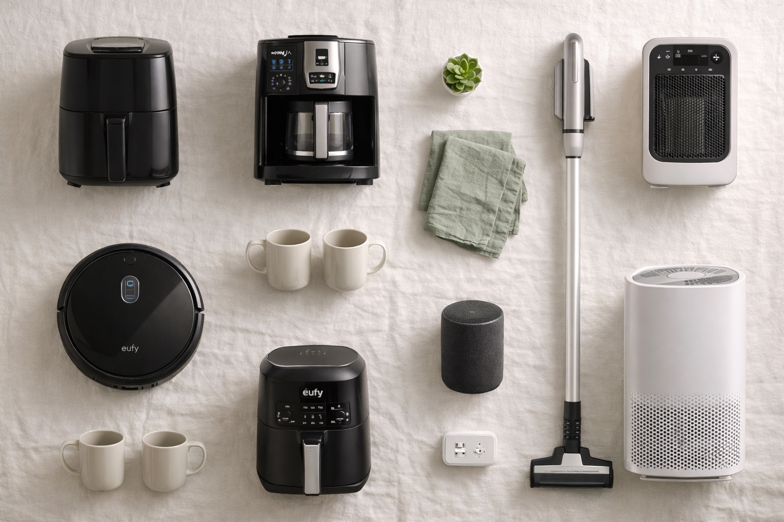 First Apartment Appliances Couples : air fryer, coffee maker, stick vacuum, robot vacuum, smart speaker, smart plug, space heater, and air purifier.
