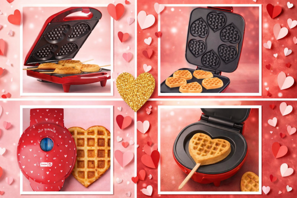 Valentine’s Day 2x2 collage of heart shaped waffle makers with pink and red backgrounds, gold glitter heart accent, and romantic lighting.