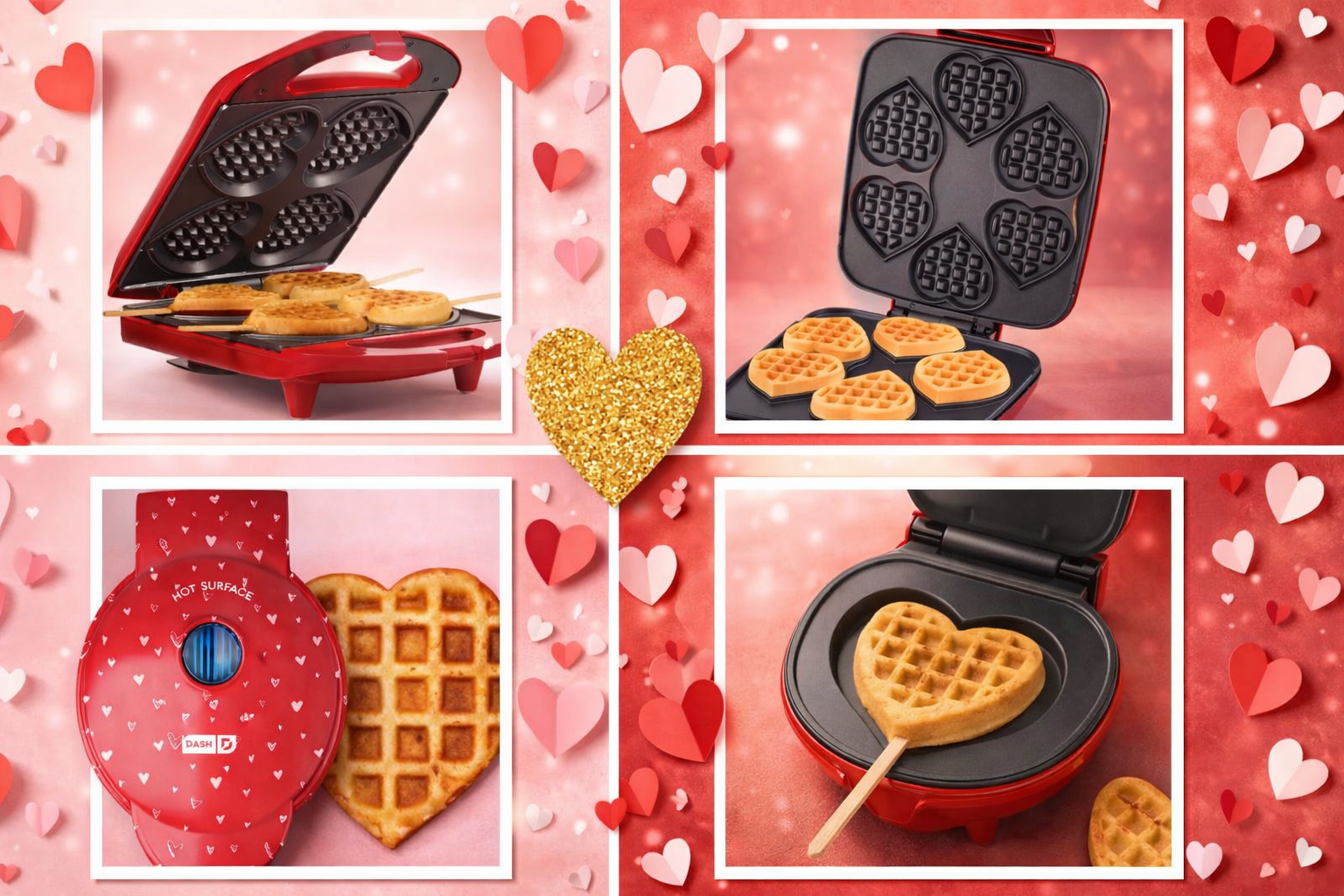 Valentine’s Day 2x2 collage of heart shaped waffle makers with pink and red backgrounds, gold glitter heart accent, and romantic lighting.