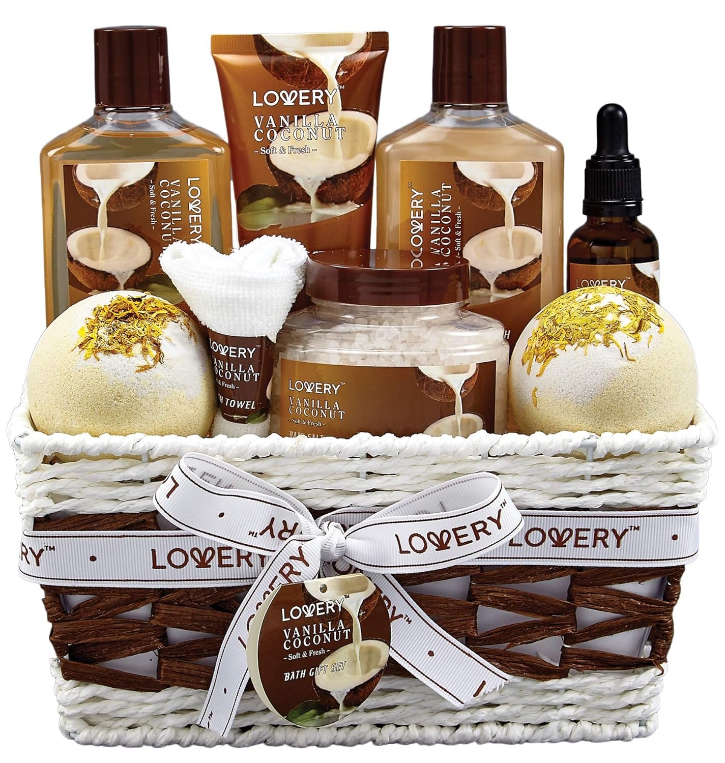Gifts For Women Gift Basket for Women– 9 Piece Christmas Gifts Set of Vanilla Coconut Home Spa Set, Luxurious Holiday Bath and Body Sets Includes Fragrant Lotions, Extra Large Bath Bombs, Coconut Oil