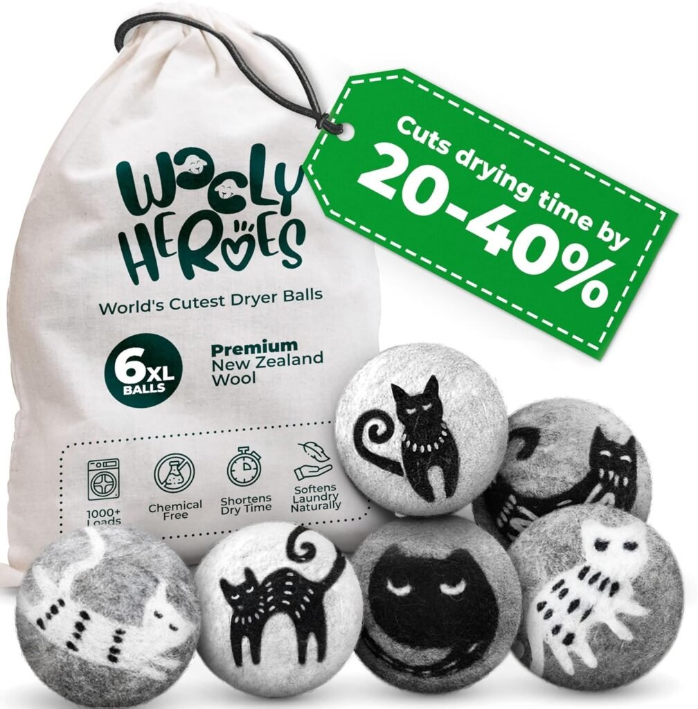 Kitty & friends wool dryer balls set of 6 XL 100% wool reusable dryer balls