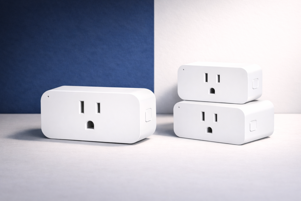 Commercial product photo of three white Zigbee smart plugs on a matte surface with a deep navy and off-white split background, used as a hero image for a Best Zigbee Smart Plugs 2026 guide.