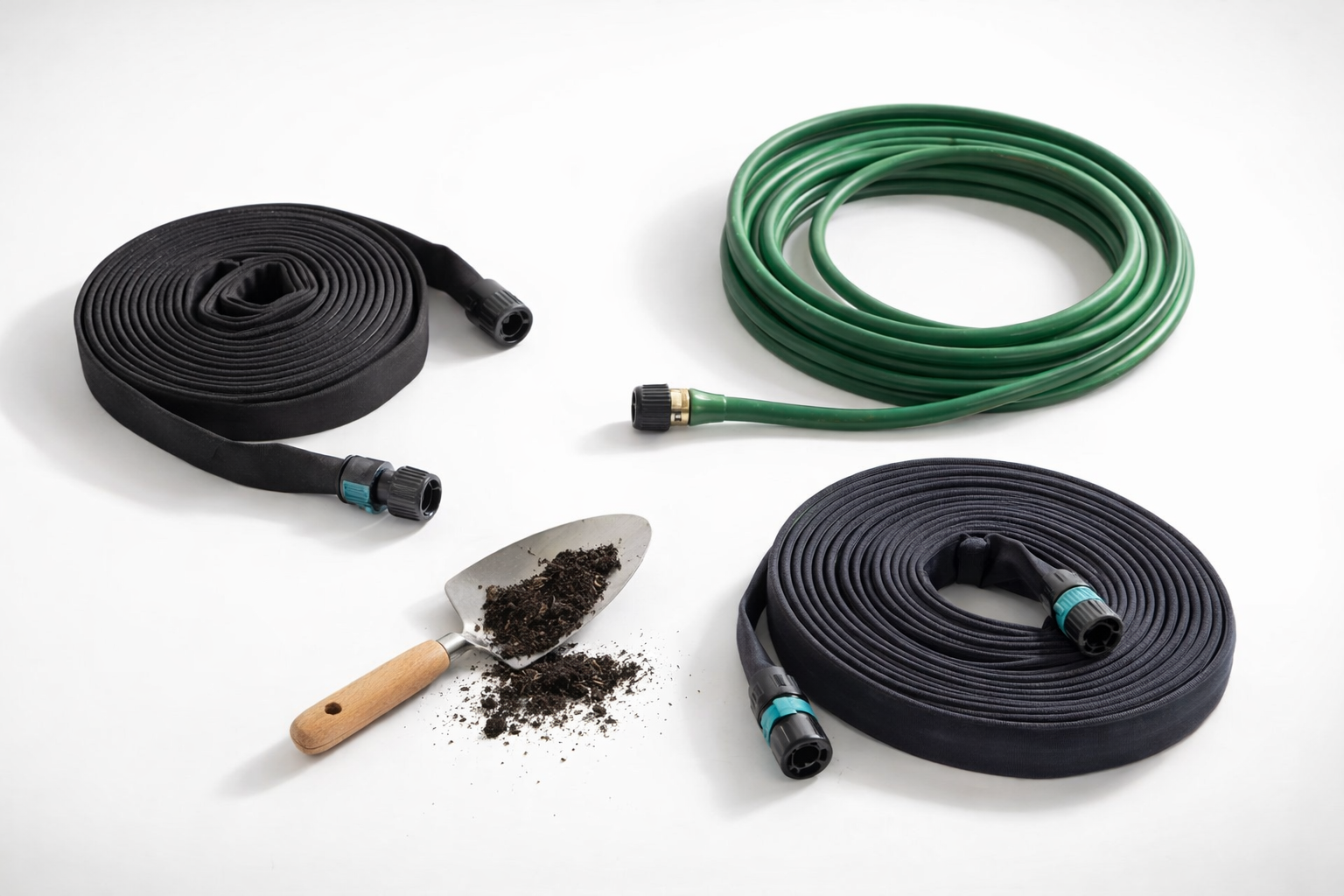 best soaker hose for vegetable garden — flat lay of 3 soaker hoses with garden trowel and soil on white background