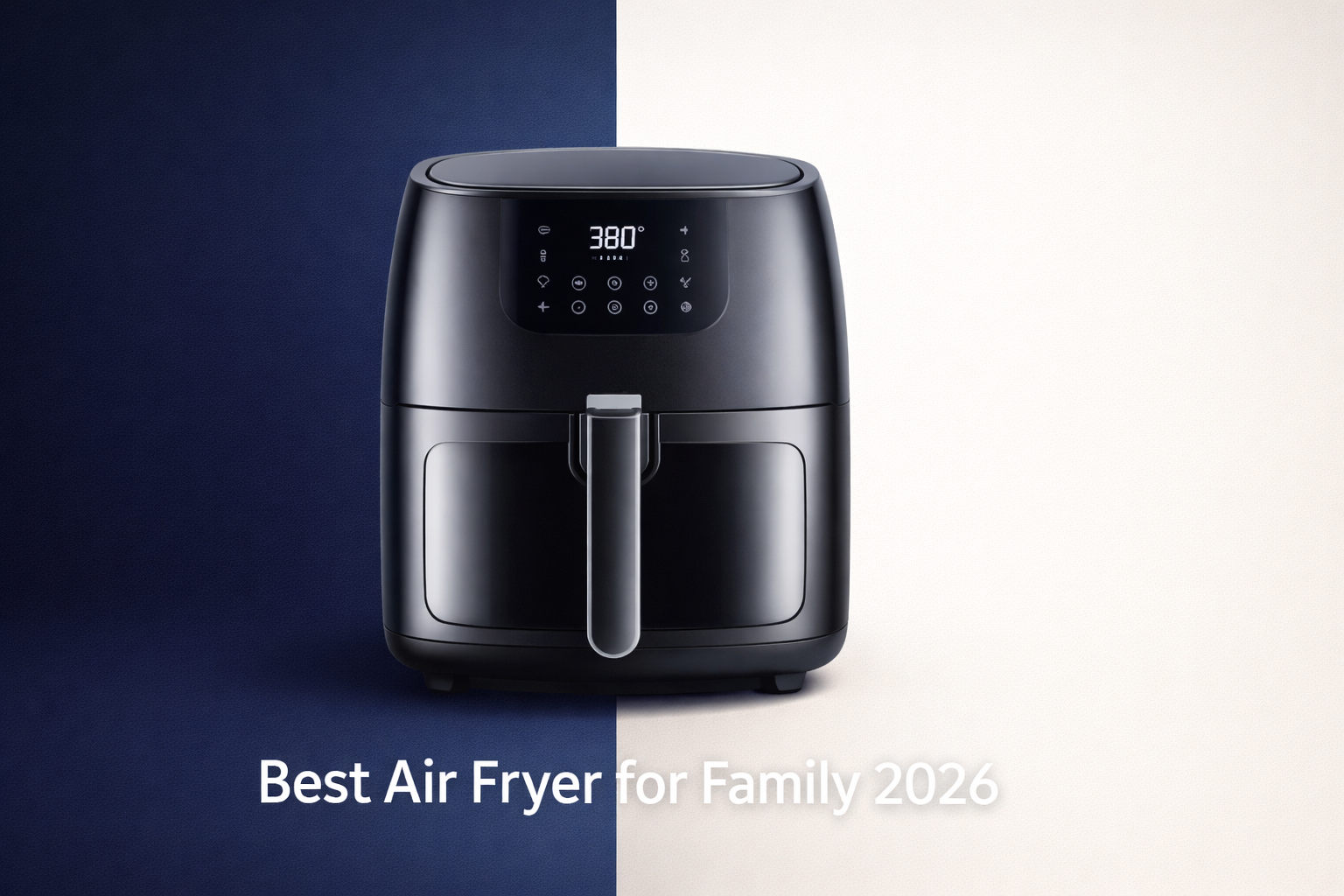 Best air fryer for family 2026 featured in a clean product-style image with a large air fryer on a navy and light gray background