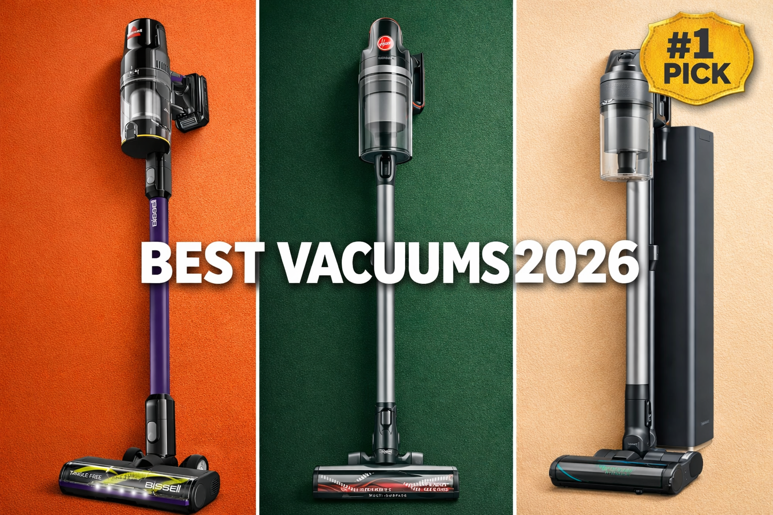 Triptych product image comparing three best cordless vacuums for 2026 with Bissell, Hoover, and Samsung models on colored backgrounds.