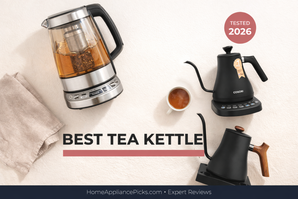 Breville BTM800XL Fellow Stagg COSORI — best electric kettle for tea 2026 editorial flatlay