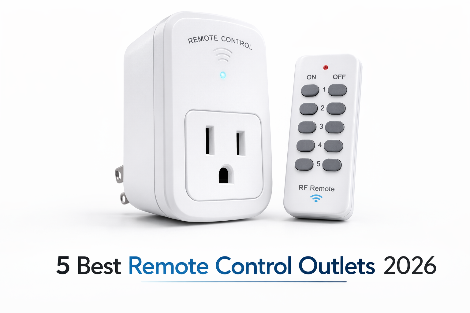 White remote control outlet plug with handheld wireless remote on a clean white background, shown as a simple home convenience device for lamps and appliances.