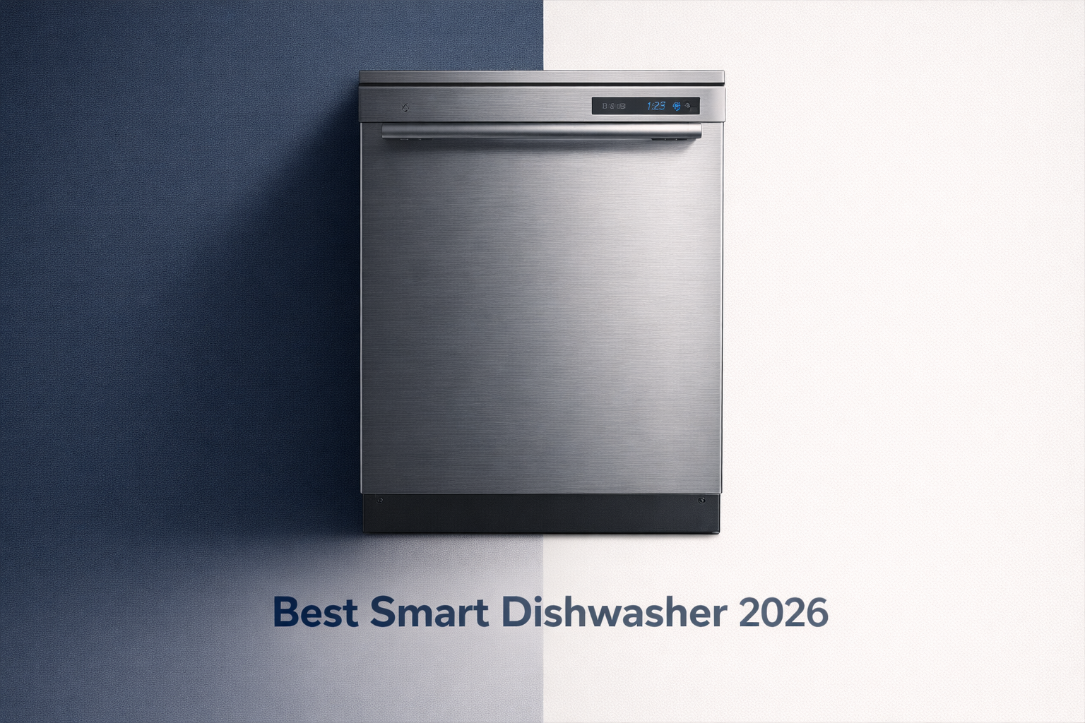 Best Smart Dishwasher 2026 featured in a minimalist product photography image with a stainless steel built-in dishwasher on a split navy and light gray background