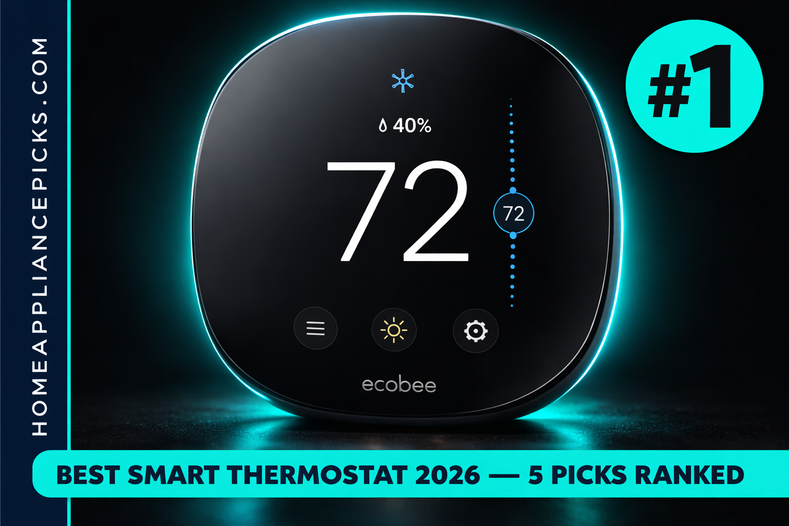 Dark product hero image of a smart thermostat with teal glow and bold text for best smart thermostats for old houses.