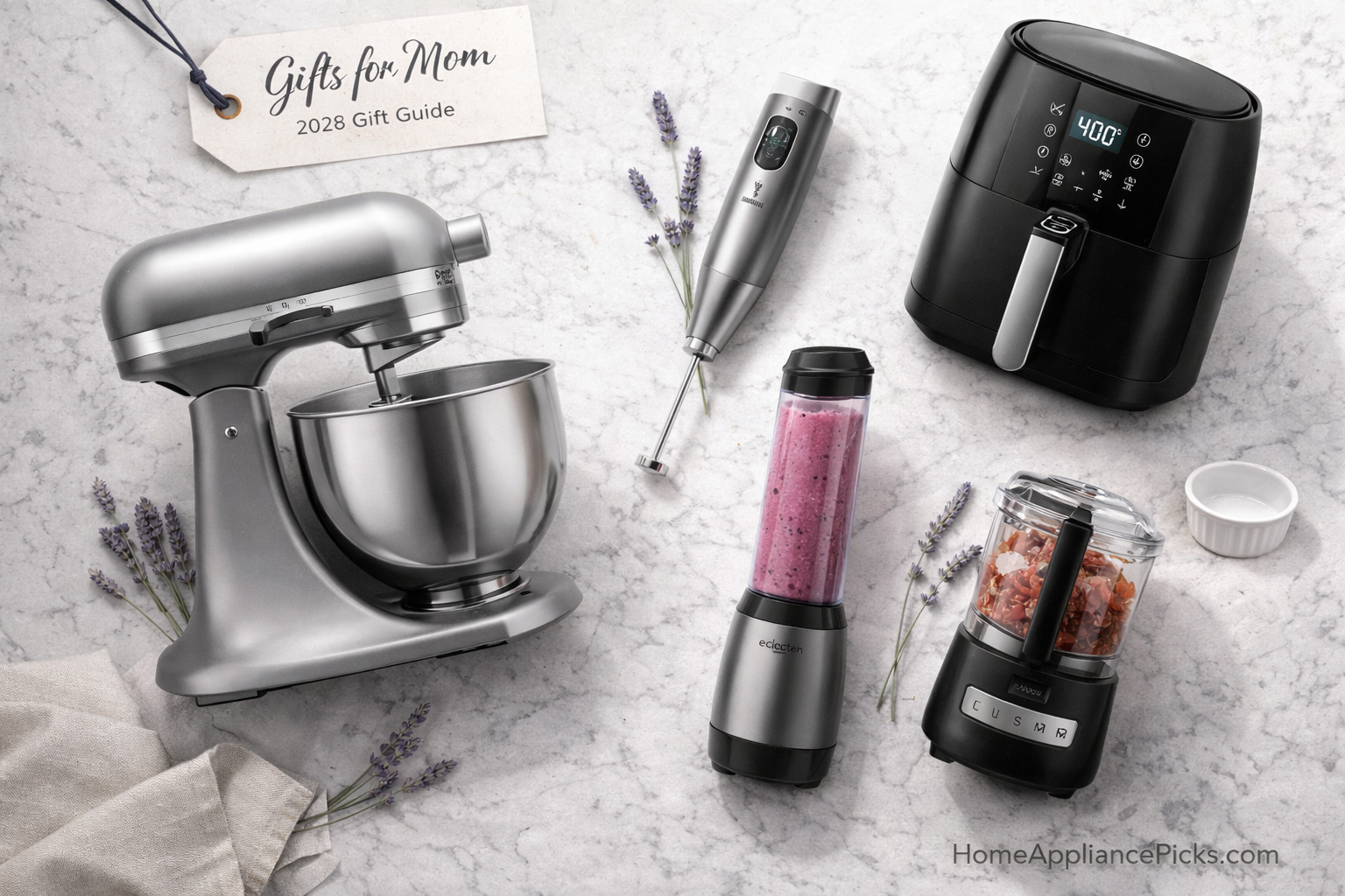 Best gifts for mom — Mother's Day kitchen appliances flatlay on white marble