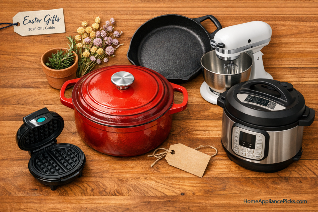 Best Easter gifts for home cooks — Dutch oven cast iron waffle maker flatlay on butcher block wood