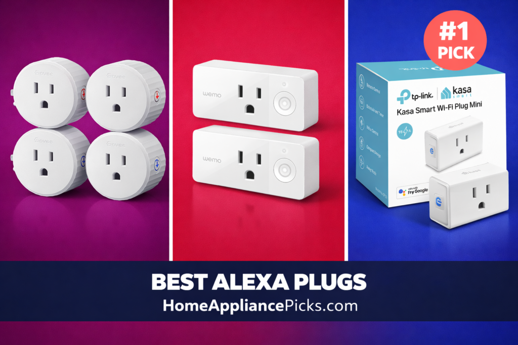 Best Smart Plugs for Alexa comparison featuring top Alexa-compatible smart plug picks in a colorful product collage