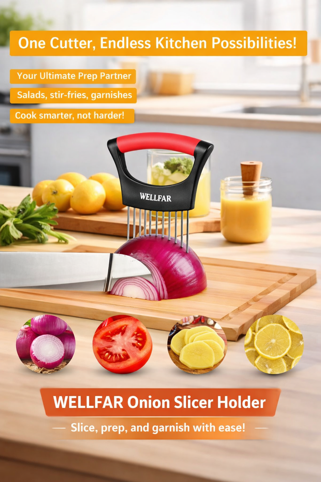 WELLFAR onion slicer holder stainless steel prongs close-up — 10-pin food-grade construction