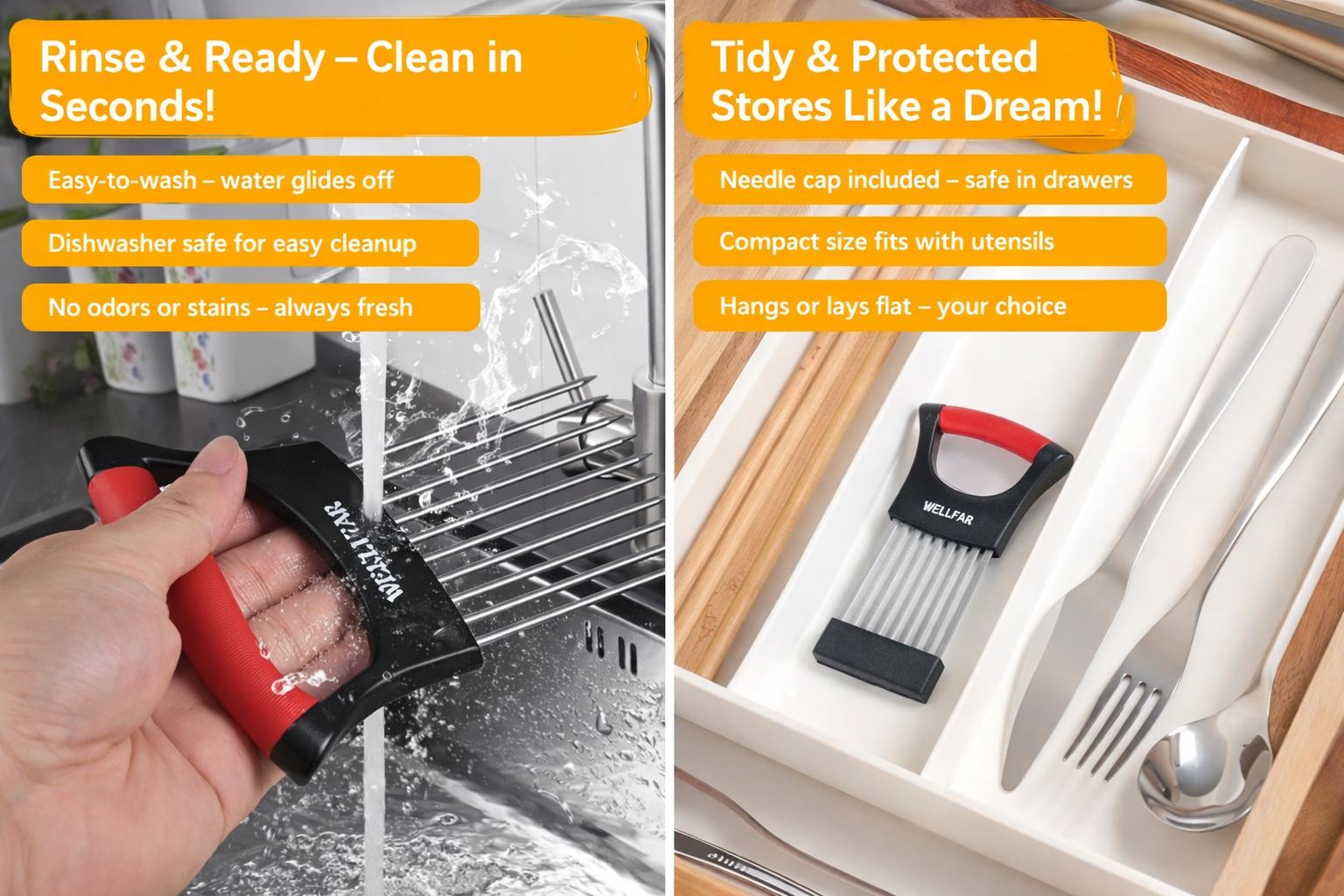 WELLFAR Onion Slicer Holder being rinsed under water and stored neatly in a kitchen drawer