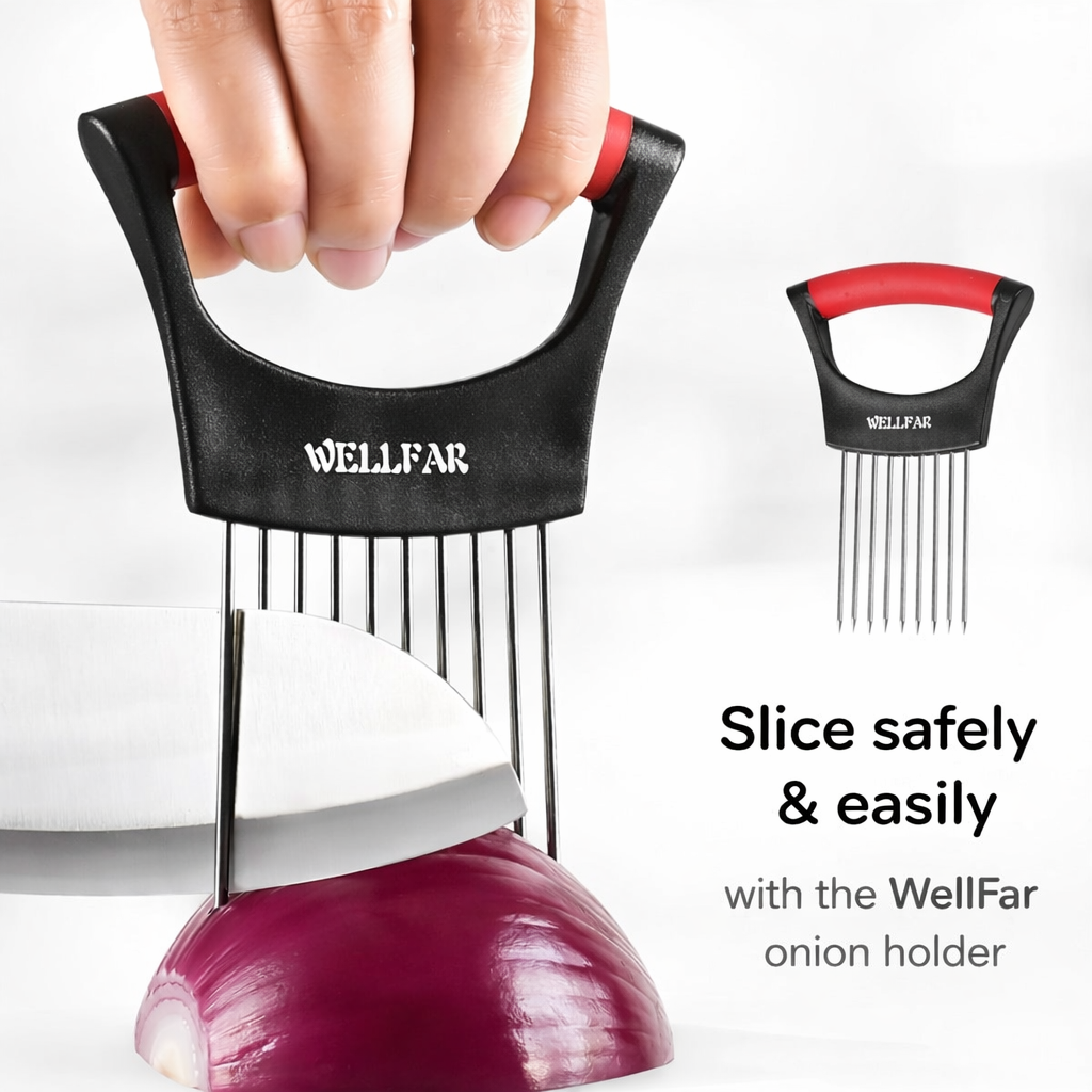 WELLFAR onion slicer holder review — 2-pack stainless steel vegetable chopper kitchen gadget