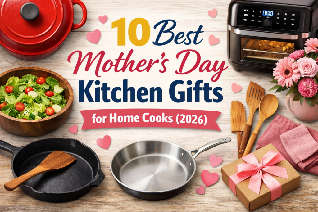 Mother’s Day kitchen gifts for home cooks featuring cookware, skillet, Dutch oven, air fryer, flowers, and gift box
