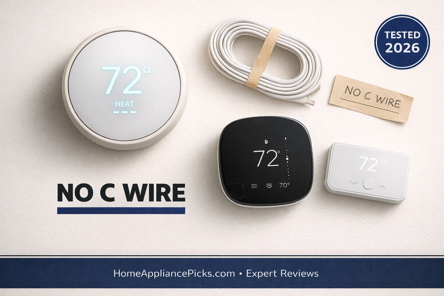 Smart thermostat without C-wire comparison featuring round, square, and rectangular thermostat models on a clean white background