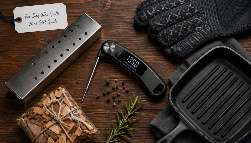 Luxury flat lay of Father’s Day gifts for grilling including a meat thermometer, smoker box, wood chips, grill gloves, and cast iron grill pan on dark cedar wood.