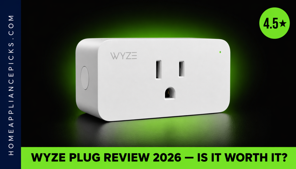 Wyze Plug review hero image showing a white Wyze smart plug on a dark background with green glow
