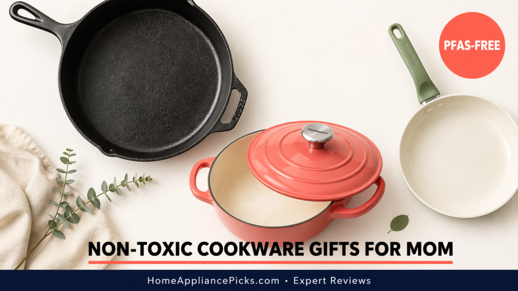 Non-toxic cookware gift guide featuring cast iron, enameled Dutch oven, and PFAS-free ceramic pan for mom