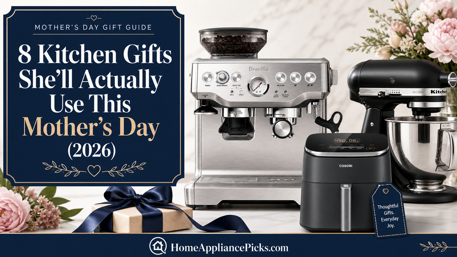 Mothers Day gifts for mom who cooks featuring useful kitchen appliances like an espresso machine, stand mixer, and air fryer.