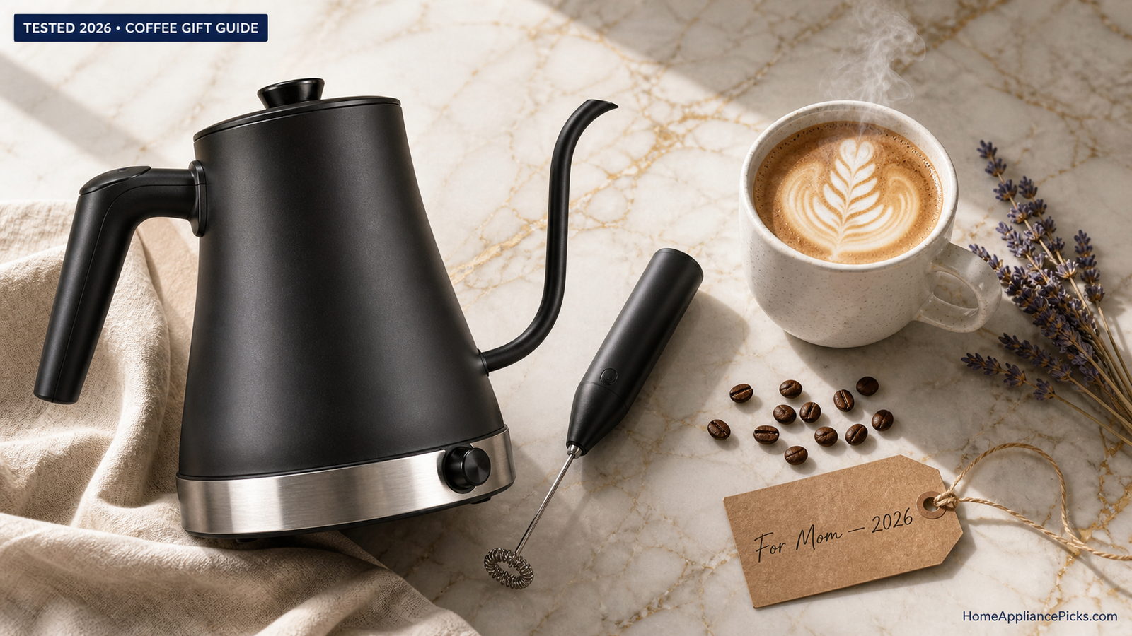Luxury coffee gift flat lay with black gooseneck kettle, milk frother, latte mug, coffee beans, lavender, and gift tag for moms.