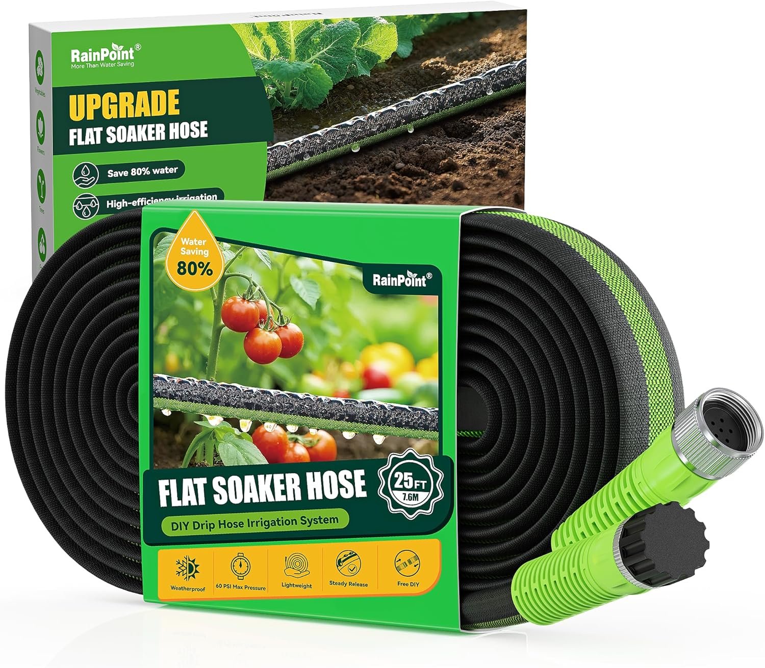 RAINPOINT 25ft round soaker hose lead-free brass connectors for small raised beds