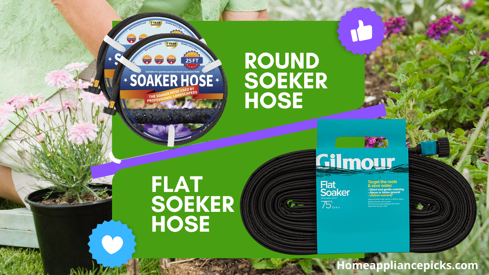 round vs flat soaker hose — a coiled round rubber hose beside a flat ribbon soaker hose on a garden bed