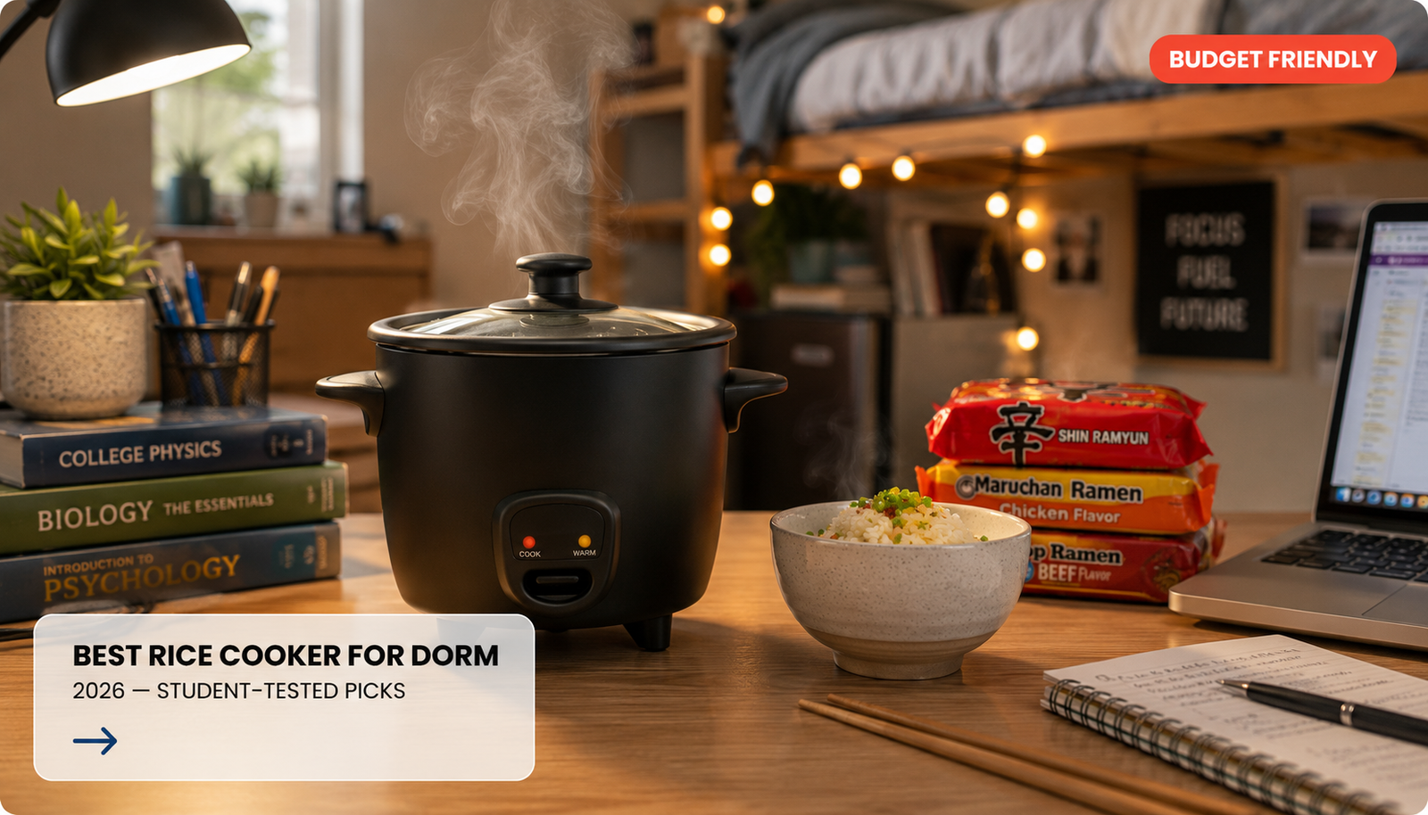 Mini rice cooker on dorm desk — best rice cooker for dorm 2026