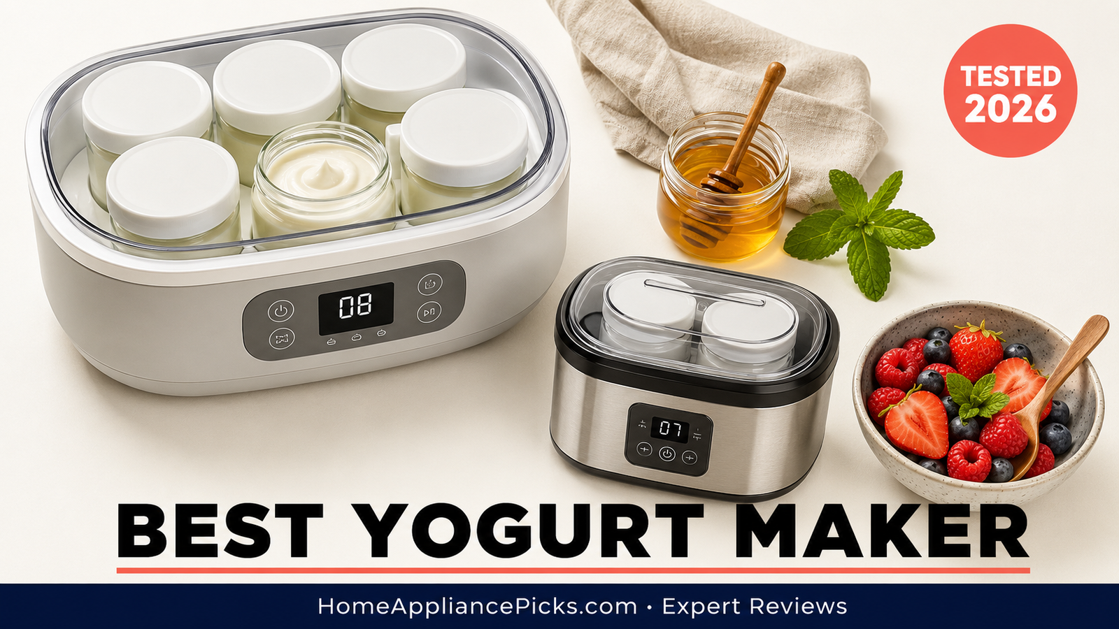 Yogurt maker with glass jars and fresh yogurt — best yogurt maker 2026